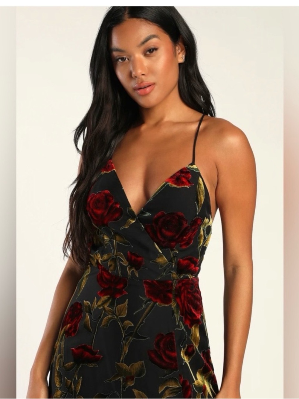 Lulu's Black Maxi Dress with Red Rose Velvet Floral
